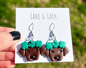 Chocolate Lab Dog Earrings, Dog Shamrock Crown, Chocolate Lab Dog Mom Gift, Saint Patricks Day Earrings, Labrador Retriever, Irish Earrings