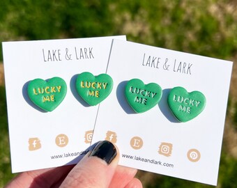 Lucky Me Heart Stud Earrings, Polymer Clay Earrings, St. Patrick's Day earrings, Saint Patricks Day Accessories, Irish Jewelry Gift