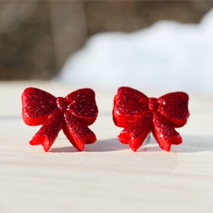 Glitter Bow Stud Earrings, Valentine Earrings, Glitter Christmas Earrings, Polymer Clay Jewelry