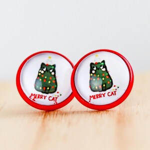 Merry Cat Christmas Tree Stud Earrings