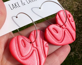 Pink Heart Love Hoop Earrings, Clay Earrings, Bubble Letter Retro Style, Valentine Earrings