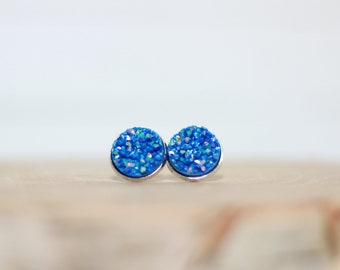 Blue Druzy Stud Earrings