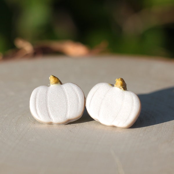 White Pumpkin Stud Earrings, Fall Earrings, Autumn Earrings, Pearl Shimmer Polymer Clay Jewelry