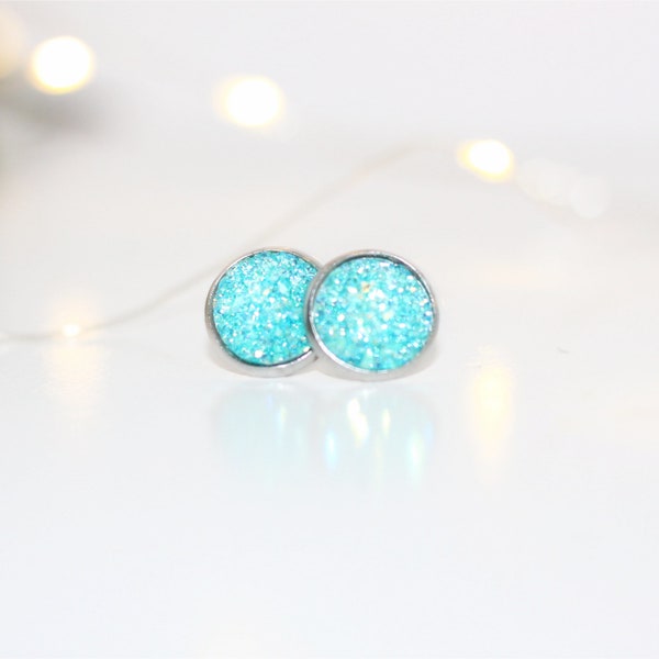 Turquoise Glitter Druzy Stud Earrings