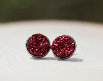 Dark Red Druzy Stud Earrings, Burgundy Earrings, Maroon earrings, gifts for her, fall earrings