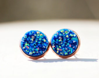 Blue Rose Gold Druzy Stud Earrings