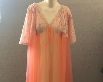 Vintage Lisette Sheer Chiffon Nightgown Robe Peignoir, 60s Peach Chiffon Night Gown Robe Set