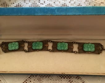 Vintage Art Nouveau Neiger Bros Faux Jadeite Jade Panel Bracelet Filigree Links