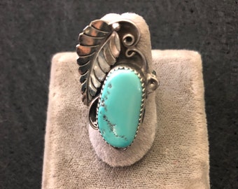 Vintage Native American Turquoise Cabchon Leaf Ring 6