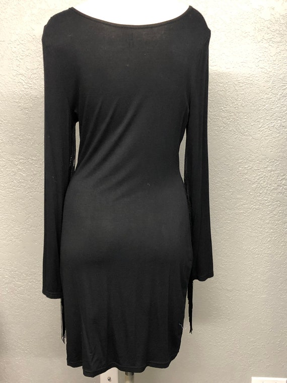 rayon bodycon dress Vintage Spandex Fringed Sleeve Sz LG Black dress