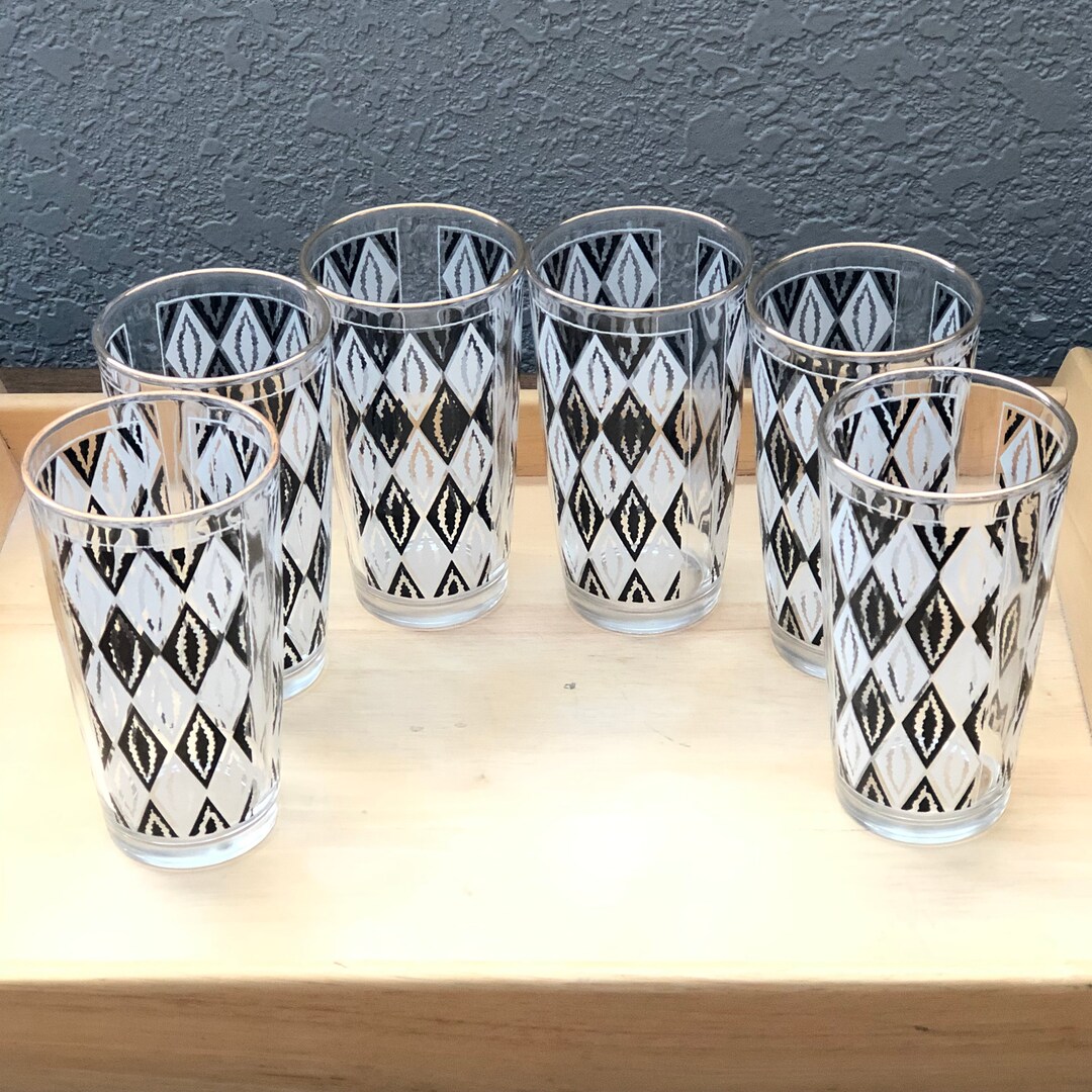 Rare Vintage MCM Harlequin Tumbler Glasses, 50s Gold Accent Cocktail