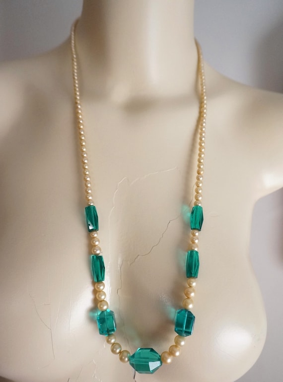 Vintage Art Deco Nouveau Aqua Crystal Faux Pearl N