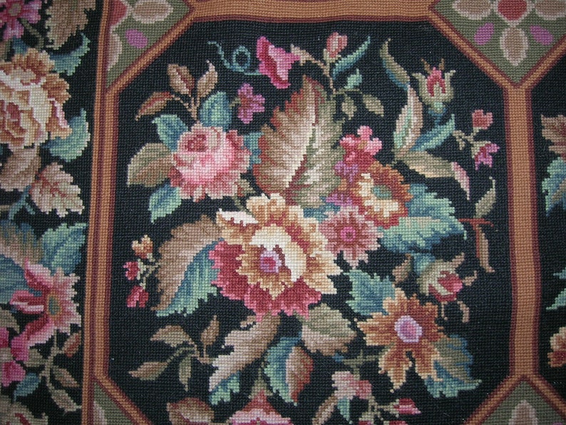 Huge Vintage Wool Needlepoint Rug Tapestry Roses Patchwork Handmade Etsy