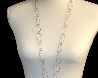 Vintage Textured Sterling Paper Clip Necklace Oval and Navette Shaped Links, Signed