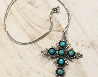Vintage Myra T Qualo Zuni Sterling Turquoise  Necklace, Native American 925 Cross Pendant, Sterling Turquoise Cross Necklace 18" Chain