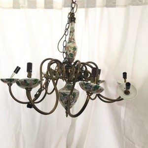Vintage Italian Hand Painted Floral Porcelain Chandelier 6 Arm Hanging Lamp