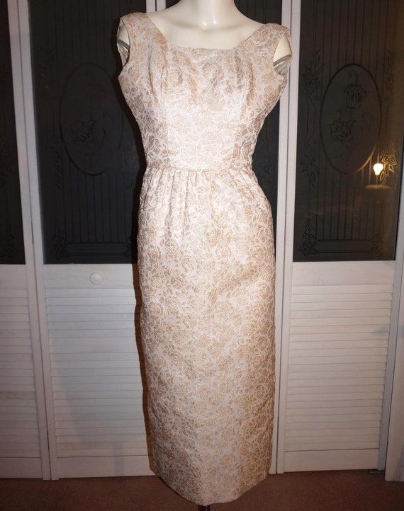 50s Gold Lame' Brocade Wiggle Dress Evening Gown X