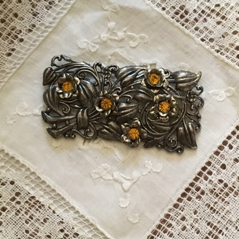 Vintage 40s Topaz Rhinestone 3D Flower Pin Brooch