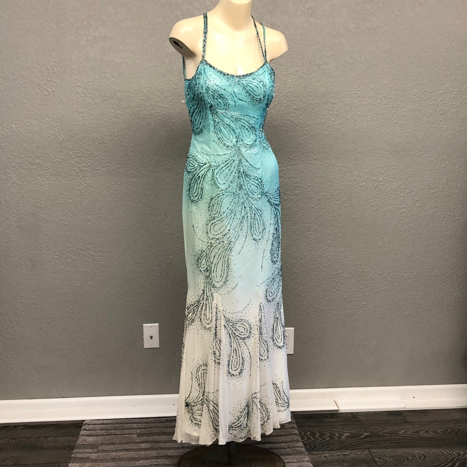 Vintage Cache Beaded Aqua Ombre Backless Evening Gown Beaded
