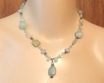 Vintage Amazonite Pendant Necklace: Sterling Silver & Crystal Bead, 18.5 in