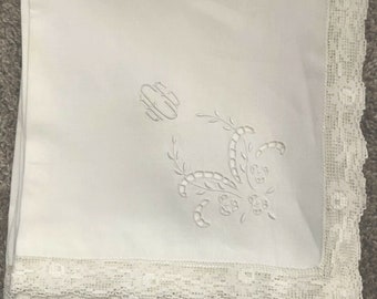 Stunning Vintage French Fine Linen Heavy Embroidered Monogrammed Dinner Napkins - Set of 12