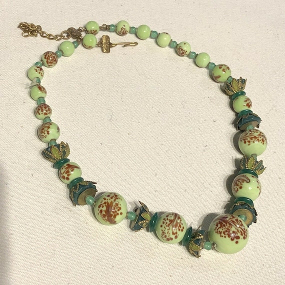 Unique Vintage Czech Art Nouveau Enamel Art Glass Bead Necklace