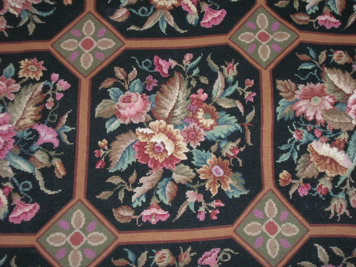 Huge Vintage Wool Needlepoint Rug Tapestry Roses Patchwork Handmade Etsy