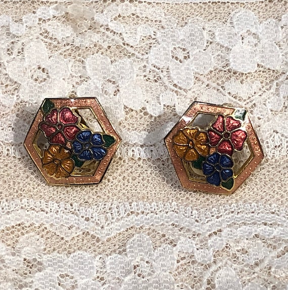 Vintage 80s Asian Cloisonne Floral Clip On Earring