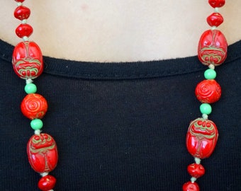 Vintage Neiger Brothers Art Nouveau Glass Scarab Beetle Bead Necklace