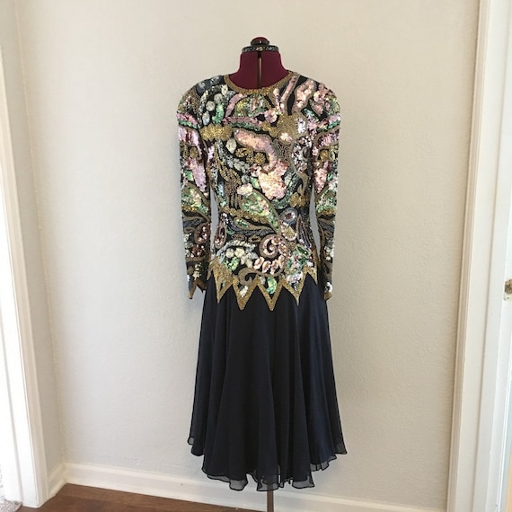 oleg cassini black tie dress Vintage Oleg Cassini Beaded Swing Dress: 80s Black Tie Gown