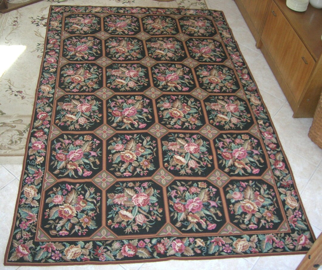 Huge Vintage Wool Needlepoint Rug Tapestry Roses Patchwork Handmade Etsy