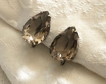 Huge Vintage Sterling Silver Smoky Topaz Screw Back Earrings