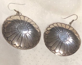 Oversized Vintage Navajo Indian Sterling Silver Concho Earrings, Signed