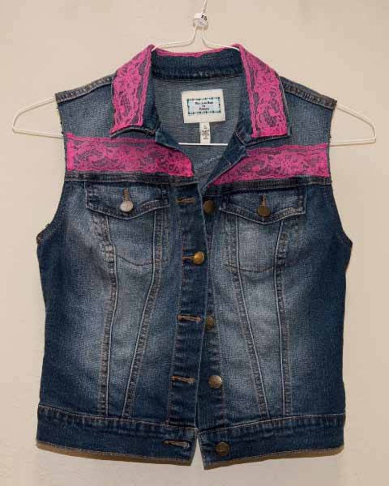 Ladies XS Denim Vest With Hot Pink Lace Etsy