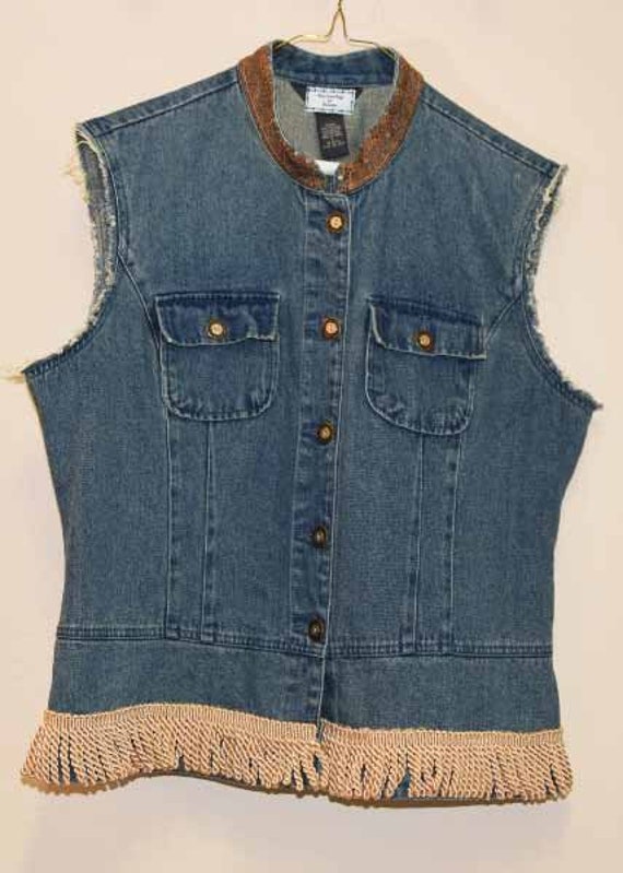 Women's Denim Vest L with StandUp Collar and Fringe Etsy