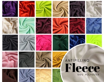 May include: A grid of colorful antipilling fleece fabric swatches in various colors, including pink, orange, purple, green, and blue. The text "ANTPILLING FLEECE 100% POLYESTER" is displayed on the right side of the image.