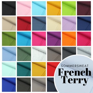 Könnte beinhalten: Eine Sammlung von 36 Stoffmustern in verschiedenen Farben, darunter Schwarz, Weiß, Rosa, Blau, Grün, Rot, Gelb und Lila. Der Stoff ist ein French Terry, ein weicher und komfortabler Stoff, der oft für Kleidung verwendet wird. Der Text "SOMMERSWEAT French Terry" ist in der unteren rechten Ecke des Bildes sichtbar.