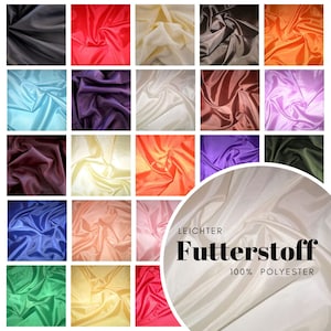 Könnte beinhalten: Eine Sammlung von 20 Stoffmustern in verschiedenen Farben, darunter Schwarz, Rot, Weiß, Blau, Lila, Orange, Grün und Gelb. Der Stoff ist ein leichtes, glattes und seidiges Material. Der Text "LEICHTER Futterstoff 100% POLYESTER" ist in der rechten unteren Ecke des Bildes sichtbar.