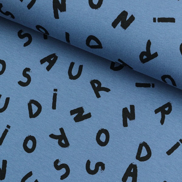 Sweat Stoff Softsweat Letters Buchstaben auf Rauchblau ab 0,5m (20,00/m)