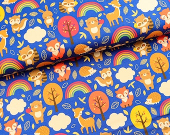Summer sweat fabric French Terry forest animals and rainbow on blue from 0.5 m (20.00/meter)
