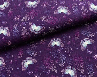 Cotton jersey fabric moth butterfly on berry purple from 0.5 m (18.00/meter)