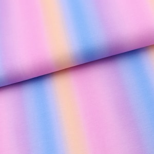 May include: A fabric with a gradient stripe pattern in shades of pink, blue, and yellow.