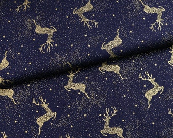 Cotton woven fabric Christmas deer/reindeer gold on dark blue from 0.5 m (10.00/meter)