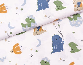 Tissu en coton tissé Dino Mont et étoiles sur blanc à partir de 0,5 m (10,00/mètre)