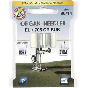 May include: A package of 5 Organ Needles, size 90/14, for sewing machines. The package is white with red and blue accents and features the text "ORGAN NEEDLES EL x 705 CR SUK".