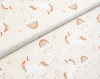 Cotton fabric woven unicorns and rainbows on light green from 0.5 m (13.00/meter)