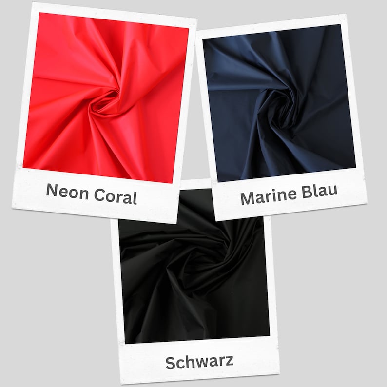 May include: Three fabric swatches in different colors: neon coral, marine blue, and black. Each swatch is folded and displayed in a white frame with the color name written below.