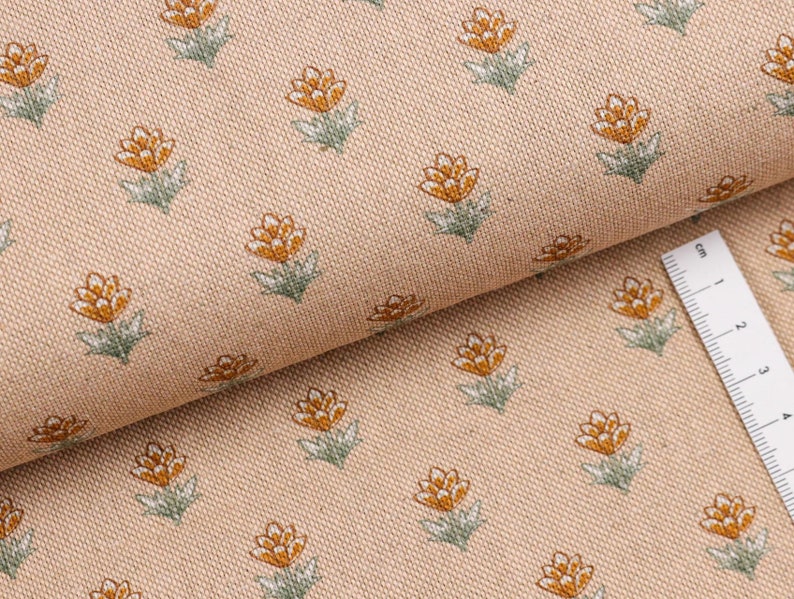 Toile de coton aspect lin fleurs sur beige à partir de 0,5 m 13,00/mètre image 2