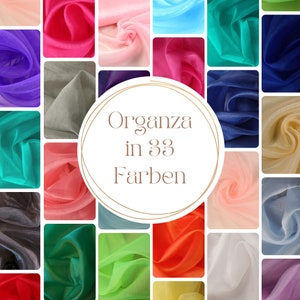 Puede incluir: Un collage de 33 colores diferentes de tejido de organza transparente. El tejido está dispuesto en una cuadrícula, con cada color ocupando un cuadrado. El texto "Organza in 33 Farben" se muestra en un círculo en el centro de la imagen.