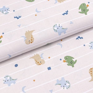 Tissu en coton tissé petit dragon et dino rayé beige clair blanc à partir de 0,5 m 10,00/mètre image 1